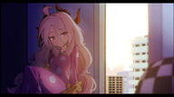 artist:22DRO character:hina_(blue_archive) demon_horns hair_down_the_middle halo horns in-series_category:gehenna_academy in-series_category:prefect_team mechanical_halo messy_hair pajamas purple_eyes series:blue_archive white_hair // 3880x2160 // 10MB
