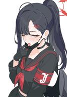 artist:kamitosayu black_hair body_wings character:ichika_(blue_archive) face_mask feathered_wings flushed_face grey_eyes halo in-series_category:justice_task_force in-series_category:trinity_general_school long_hair ponytail series:blue_archive // 1418x2048 // 233KB