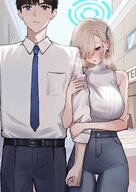 alternate_outfit artist:aoilico_(onuj25) beauty_mark blonde_hair blue_eyes character:asuna_(blue_archive) character:sensei_(blue_archive) ears_blushing flushed_face hair_covering_eye halo high-waisted_pants in-series_category:cleaning_&_clearing in-series_category:millenium_science_school long_hair pants series:blue_archive steaming_body sweater // 2508x3541 // 630KB