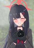 artist:woodhxx black_hair body_wings character:ichika_(blue_archive) closed_eyes feathered_wings hair_accessories halo in-series_category:justice_task_force in-series_category:trinity_general_school long_hair series:blue_archive // 1451x2048 // 354KB