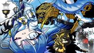 artist:rihi_ewokakune blue_eyes blue_hair character:ling_(arknights) chibi dragon_horns horns in-series_category:feranmut in-series_category:sui_siblings in-series_category:yan long_hair pointed_ears series:arknights // 1280x720 // 223KB