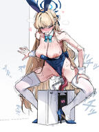 armpit artist:nakamura_rohane blonde_hair blue_eyes bunny_suit character:toki_(blue_archive) character:toki_(bunny)_(blue_archive) flushed_face hair_bow hair_braid high-cut_leotard in-series_category:cleaning_&_clearing in-series_category:millenium_science_school in-series_category:super_phenomenon_task_force japanese_text leotard long_hair nipple_slip peeling_off_cloth rabbit_ears series:blue_archive sex_toy steaming_body sweaty thigh_squish // 1200x1600 // 1.0MB