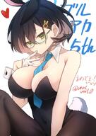 alternate_outfit artist:ventvert0 blue_hair bunny_suit character:chihiro_(blue_archive) glasses green_eyes hair_accessories halo in-series_category:millenium_science_school in-series_category:veritas japanese_text leotard mechanical_halo rabbit_ears rabbit_tail series:blue_archive short_hair // 1032x1457 // 166KB