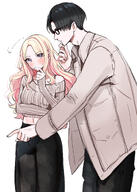 alternate_outfit artist:kasasagi blonde_hair blue_eyes character:juou_sena_(gakuen_idolmaster) character:producer_(idolmaster) japanese_text long_hair midriff pants series:gakuen_idolmaster series:idolmaster sweater // 1280x1799 // 560KB