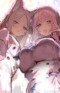 animal_ears artist:u_usaka blonde_hair character:mika_(blue_archive) character:seia_(blue_archive) fox_ears fox_girl hair_accessories hair_bun halo in-series_category:tea_party in-series_category:trinity_general_school long_hair pink_hair series:blue_archive side_boob v yellow_eyes // 1320x2048 // 343KB