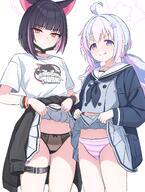 animal_ears artist:nakaoka_ramu black_hair cat_ears cat_girl character:kazusa_(band)_(blue_archive) character:kazusa_(blue_archive) character:reisa_(blue_archive) face_mask flushed_face halo in-series_category:after_school_sweets_club in-series_category:sugar_rush in-series_category:trinity_general_school in-series_category:trinity_vigilante_crew lingerie long_hair pink_eyes pink_hair purple_eyes purple_hair series:blue_archive short_hair skirt_lift thigh_squish twin_tails two-tone_hair // 4010x5319 // 7.4MB