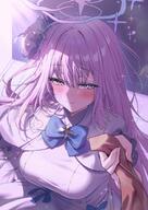 artist:yampa body_wings character:mika_(blue_archive) feathered_wings flushed_face hair_accessories hair_bun halo in-series_category:tea_party in-series_category:trinity_general_school long_hair messy_hair pink_hair pov series:blue_archive yellow_eyes // 1412x2000 // 435KB