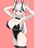 alternate_outfit artist:JHH bunny_suit character:mudrock_(arknights) demon_horns flushed_face high-cut_leotard horns in-series_category:gargoyle in-series_category:sarkaz leotard long_hair rabbit_ears red_eyes series:arknights white_hair // 2892x4096 // 512KB