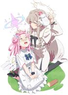 artist:jajajasmog body_wings brown_hair character:mika_(blue_archive) character:nagisa_(blue_archive) feathered_wings hair_bun hair_grab halo in-series_category:tea_party in-series_category:trinity_general_school long_hair pink_hair series:blue_archive tears yellow_eyes // 2966x4096 // 902KB