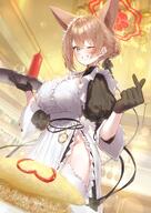 alternate_outfit animal_ears artist:eshi_neko blue_eyes brown_hair character:rumi_(blue_archive) fox_ears fox_girl garter_belt hair_braid hair_bun heart_hands in-series_category:black_tortoise_promenade in-series_category:shanhaijing_secondary_school maid pov series:blue_archive // 2892x4096 // 1.0MB