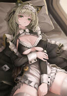 animal_ears artist:mildt cat_ears cat_girl character:kal'tsit_(arknights) character:kal'tsit_(the_remains_of_time)_(arknights) condom green_eyes in-series_category:feline in-series_category:rhodes_island lingerie maid series:arknights short_hair white_hair // 2102x3000 // 6.0MB