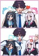 anger_vein artist:jeomo blue_eyes blue_hair character:aris_(blue_archive) character:key_(blue_archive) character:sensei_(blue_archive) comic hair_bow hair_down_the_middle halo headpat in-series_category:game_development_department in-series_category:millenium_science_school long_hair pink_hair series:blue_archive side_ponytail white_hair // 2110x3031 // 723KB
