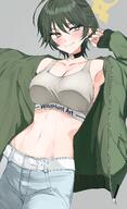 alternate_outfit artist:isocha beauty_mark casual_clothes character:fuyu_(blue_archive) flushed_face green_hair halo in-series_category:free_trade_cartel in-series_category:wild_hunt_academy_of_arts midriff pants series:blue_archive short_hair yellow_eyes // 2435x4000 // 582KB