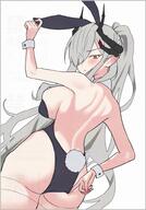 alternate_outfit artist:quatraise brown_eyes bunny_suit character:makoto_(blue_archive) demon_horns ears_blushing flushed_face grey_hair hair_braid horns in-series_category:gehenna_academy in-series_category:pandemonium_society leotard long_hair meta:work-in-progress pointed_ears ponytail rabbit_ears rabbit_tail series:blue_archive // 548x788 // 406KB