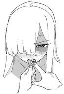 anger_vein artist:hightway_420 character:malkuth_(blue_archive) fingers_in_mouth flushed_face hair_covering_eye in-series_category:decagrammaton long_hair monochrome pov series:blue_archive shadow_over_eyes white_skin // 757x1118 // 153KB