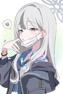 artist:aibon character:konoka_(blue_archive) ears_blushing face_mask grey_eyes grey_hair halo in-series_category:public_peace_bureau in-series_category:valkyrie_police_school long_hair series:blue_archive // 1888x2808 // 464KB