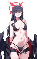 artist:fangs black_hair body_wings character:ichika_(blue_archive) character:ichika_(swimsuit)_(blue_archive) closed_eyes feathered_wings halo in-series_category:justice_task_force in-series_category:trinity_general_school long_hair series:blue_archive short_shorts swimsuit // 1250x2000 // 845KB
