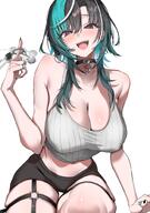 artist:omoti beauty_mark black_hair character:rindou_chihaya flushed_face green_hair in-series_category:dev_is in-series_category:flow_glow in-series_category:hololive_japan midriff pov red_eyes series:hololive short_shorts thigh_squish wolf_cut // 1128x1600 // 1.3MB
