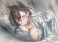 alternate_outfit animal_ears artist:mameppu beauty_mark brown_eyes brown_hair character:penance_(arknights) flushed_face in-series_category:lupo in-series_category:siracusa long_hair pajamas series:arknights wolf_ears wolf_girl // 1182x848 // 197KB