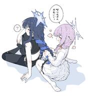 artist:wujurana blue_hair character:atsuko_(blue_archive) character:saori_(blue_archive) flushed_face hair_bow hair_braid halo in-series_category:arius_satellite_school in-series_category:arius_squad japanese_text long_hair midriff pants purple_hair series:blue_archive twin_tails two-tone_hair // 2920x3178 // 422KB