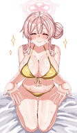 alternate_outfit artist:rynn character:mimori_(blue_archive) flushed_face golden_bikini hair_braid hair_bun halo in-series_category:allied_hyakkiyako_academy in-series_category:inner_discipline_club pink_hair pov series:blue_archive sweaty // 2480x4245 // 3.0MB