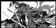 animal_ears artist:deatiose character:lappland_(arknights) character:texas_(arknights) eye_scar in-series_category:lupo in-series_category:siracusa long_hair messy_hair monochrome series:arknights wolf_ears wolf_girl // 1124x555 // 175KB