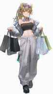 alternate_outfit artist:uof beauty_mark brown_hair casual_clothes character:muelsyse_(arknights) elf hair_accessories in-series_category:columbia long_hair midriff orange_eyes pants pointed_ears ponytail series:arknights sunglasses // 1148x2000 // 451KB