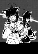 animal_ears artist:jepy cat_ears cat_girl cat_tail character:kazusa_(blue_archive) character:kikyou_(blue_archive) halo in-series_category:after_school_sweets_club in-series_category:allied_hyakkiyako_academy in-series_category:hyakkaryouran_conflict_resolution_council in-series_category:trinity_general_school monochrome series:blue_archive short_hair tail two-tone_hair // 1451x2048 // 679KB