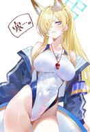 animal_ears artist:suujiniku blonde_hair blue_eyes character:kanna_(blue_archive) character:kanna_(swimsuit)_(blue_archive) dog_ears dog_girl halo in-series_category:public_peace_bureau in-series_category:valkyrie_police_school japanese_text ponytail series:blue_archive sharp_teeth swimsuit // 1650x2400 // 504KB