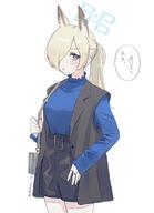 alternate_outfit animal_ears artist:shiosai blonde_hair blue_eyes casual_clothes character:kanna_(blue_archive) dog_ears dog_girl halo in-series_category:public_peace_bureau in-series_category:valkyrie_police_school japanese_text ponytail series:blue_archive sharp_teeth // 1237x1703 // 123KB