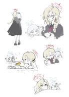 artist:namu_goma blonde_hair character:ayame_(blue_archive) character:nagusa_(blue_archive) chibi hair_accessories hair_braid halo heterochromia in-series_category:allied_hyakkiyako_academy in-series_category:hyakkaryouran_conflict_resolution_council long_hair pointed_ears purple_eyes series:blue_archive white_eyes white_hair yellow_eyes // 1473x2048 // 192KB