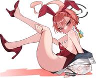 ahoge artist:abe-napori beauty_mark bunny_suit character:neru_(blue_archive) character:neru_(bunny)_(blue_archive) chest_gap flushed_face hair_braid halo in-series_category:cleaning_&_clearing in-series_category:millenium_science_school leotard orange_hair rabbit_ears red_eyes series:blue_archive short_hair // 2048x1656 // 354KB