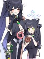 age_regression animal_ears artist:jeomo black_hair character:shun_(blue_archive) character:shun_(small)_(blue_archive) flushed_face hair_accessories in-series_category:plum_blossom_garden in-series_category:shanhaijing_secondary_school long_hair ponytail series:blue_archive teasing // 2070x2798 // 4.1MB
