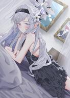 alternate_outfit artist:HEIM beauty_mark character:himari_(blue_archive) dress elf hair_accessories halo in-series_category:millenium_science_school in-series_category:super_phenomenon_task_force long_hair pointed_ears purple_eyes series:blue_archive white_hair // 2925x4096 // 1.2MB