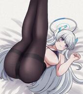 artist:latte_(a_nextsystem) character:noa_(blue_archive) halo in-series_category:millenium_science_school in-series_category:seminar legs_up lingerie long_hair mechanical_halo nipple_slip purple_eyes series:blue_archive white_hair // 2894x3264 // 1.8MB