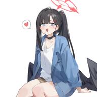 alternate_outfit artist:soonmu99 black_hair body_wings casual_clothes character:ichika_(blue_archive) feathered_wings grey_eyes hair_accessories halo in-series_category:justice_task_force in-series_category:trinity_general_school long_hair ponytail series:blue_archive short_shorts // 3970x4000 // 497KB