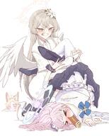 artist:bojie19599 blonde_hair body_wings brown_hair character:mika_(blue_archive) character:nagisa_(blue_archive) feathered_wings flushed_face hair_accessories hair_braid hair_bun halo in-series_category:tea_party in-series_category:trinity_general_school long_hair pink_hair series:blue_archive yellow_eyes // 1638x2048 // 431KB