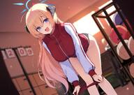alternate_outfit artist:ddangbi blonde_hair bloomers blue_eyes character:akari_(blue_archive) demon_horns halo horns in-series_category:gehenna_academy in-series_category:gourmet_research_society long_hair series:blue_archive sports_wear // 1754x1240 // 281KB