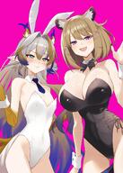 alternate_outfit animal_ears artist:Lamina brown_hair bunny_suit character:shu_(arknights) character:utage_(arknights) chest_gap dragon_horns eye_liner flushed_face green_eyes hair_accessories hair_bun high-cut_leotard horns in-series_category:feranmut in-series_category:higashi in-series_category:nue in-series_category:sui_siblings in-series_category:yan leotard long_hair pointed_ears purple_eyes rabbit_ears series:arknights short_hair sweaty white_hair // 2591x3624 // 4.9MB