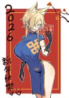 alternate_outfit animal_ears artist:mosaics_reon blonde_hair blue_eyes character:kanna_(blue_archive) dog_ears dog_girl flushed_face hair_covering_eye halo in-series_category:public_peace_bureau in-series_category:valkyrie_police_school japanese_text qipao series:blue_archive sharp_teeth short_hair // 2896x4096 // 691KB