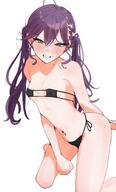 artist:mynameis_k beauty_mark blue_eyes character:kaya_rinha_(gakuen_idolmaster) disgusted_face eye_bags flushed_face hair_accessories hair_braid long_hair mask_bikini messy_hair micro_bikini purple_hair series:gakuen_idolmaster series:idolmaster sweaty twin_tails // 2053x3394 // 2.8MB