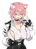 artist:kenzen_ahemaru bird_girl blue_eyes cat_ears character:takane_lui flushed_face head_wings in-series_category:hololive_japan in-series_category:holox pink_hair series:hololive short_hair steaming_body sweaty teasing // 1300x1800 // 897KB
