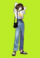 artist:yasu_urayaka brown_hair casual_clothes green_eyes lipstick pants series:original short_hair // 1408x2048 // 157KB