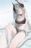 artist:namu_goma character:makoto_(blue_archive) demon_horns flushed_face grey_eyes grey_hair hair_braid horns in-series_category:gehenna_academy in-series_category:pandemonium_society long_hair pointed_ears series:blue_archive short_shorts swimsuit // 1351x2048 // 227KB