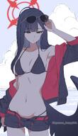 artist:syamen_amygdala black_hair body_wings character:ichika_(blue_archive) character:ichika_(swimsuit)_(blue_archive) feathered_wings grey_eyes halo in-series_category:justice_task_force in-series_category:trinity_general_school long_hair series:blue_archive short_shorts sunglasses swimsuit // 1808x3143 // 7.5MB