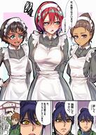 artist:indoor_gorilla blue_hair character:amate_yuzuriha character:nyaan comic flushed_face green_eyes japanese_text maid meta:source_request red_hair series:gundam series:gundam_gquuuuuux short_hair yellow_eyes // 1463x2048 // 450KB