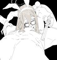 artist:kawatiw brown_hair bunny_suit character:akane_(blue_archive) character:akane_(bunny)_(blue_archive) female_on_top glasses halo in-series_category:cleaning_&_clearing in-series_category:millenium_science_school leotard long_hair monochrome pov rabbit_ears rabbit_tail series:blue_archive teasing // 1962x2048 // 289KB