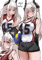 alternate_outfit artist:sunaneko character:mudrock_(arknights) demon_horns horns in-series_category:gargoyle in-series_category:sarkaz japanese_text red_eyes series:arknights sports_wear white_hair // 2591x3624 // 4.0MB