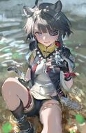 animal_ears artist:syroeli black_hair blue_eyes cat_ears cat_girl cat_tail character:tangtang eyepatch hair_accessories in-series_category:feline series:arknights:_endfield short_hair tail // 2508x3861 // 1.1MB