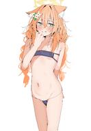 animal_ears artist:mynameis_k cat_ears cat_girl character:mari_(blue_archive) flushed_face green_eyes hair_accessories halo in-series_category:sisterhood in-series_category:trinity_general_school mask_bikini messy_hair orange_hair series:blue_archive sweaty twin_braids // 2111x3042 // 1.4MB